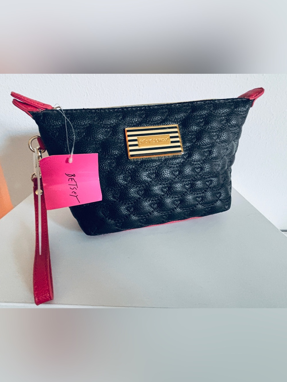Betsey Johnson Black Quilted Wristlet with Pink Accents NWT